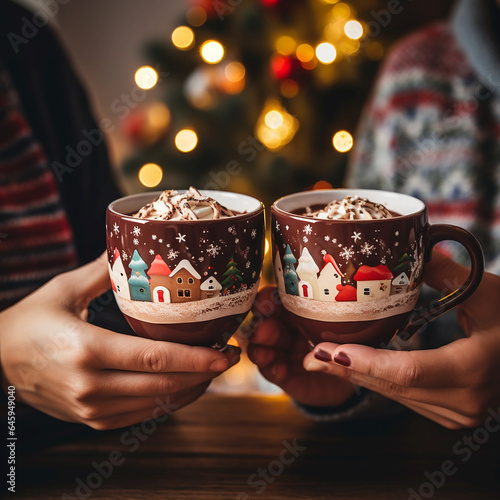 hands of two people holding cups with New Year decor. Christmas illustration