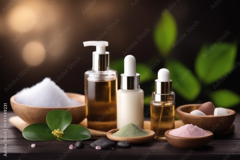 Spa still life with aroma oil, towel and candles on wooden background
