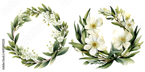Beautiful wedding wreath with Aquilegias vulgaris wildflowers watercolor elements set