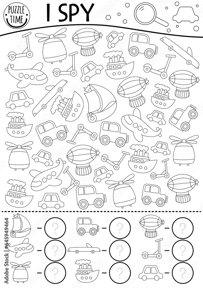 Transportation I spy black and white game for kids. Searching and counting line activity with plane, car, ship, scooter, airship. Air, water, land transport printable worksheet, coloring page, puzzle.