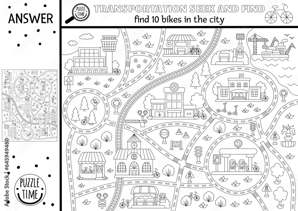Vector transportation searching black and white game with city landscape with roads, car. Spot hidden bikes coloring page. Simple water, air, land transport seek and find printable activity for kids