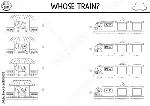 Transportation black and white matching activity with cute train, passengers, station and time. Line city transport puzzle. Match up coloring page, printable worksheet with vehicles.