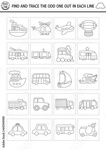 Find the odd one out. Transportation black and white logical activity for kids. Water, air, land, public transport educational quiz worksheet or coloring page. Printable game with car, bus, train