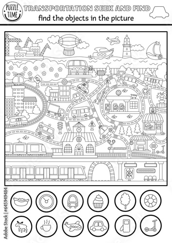 Vector transportation searching black and white game with city landscape with roads, car, metro. Spot hidden objects coloring page. Water, air, land transport seek and find activity for kids