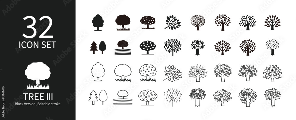 Set of icons of trees and forests of various shapes