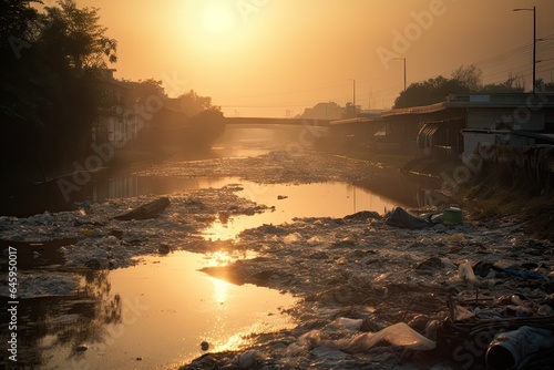 Environmental crisis. Pollution in rivers and lakes. Plastic waste threatens nature beauty. Garbage in waters