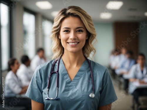 Female woman doctor nurse portrait shot smiling cheerful confident standing front row in medical training class or seminar room background,ai generate