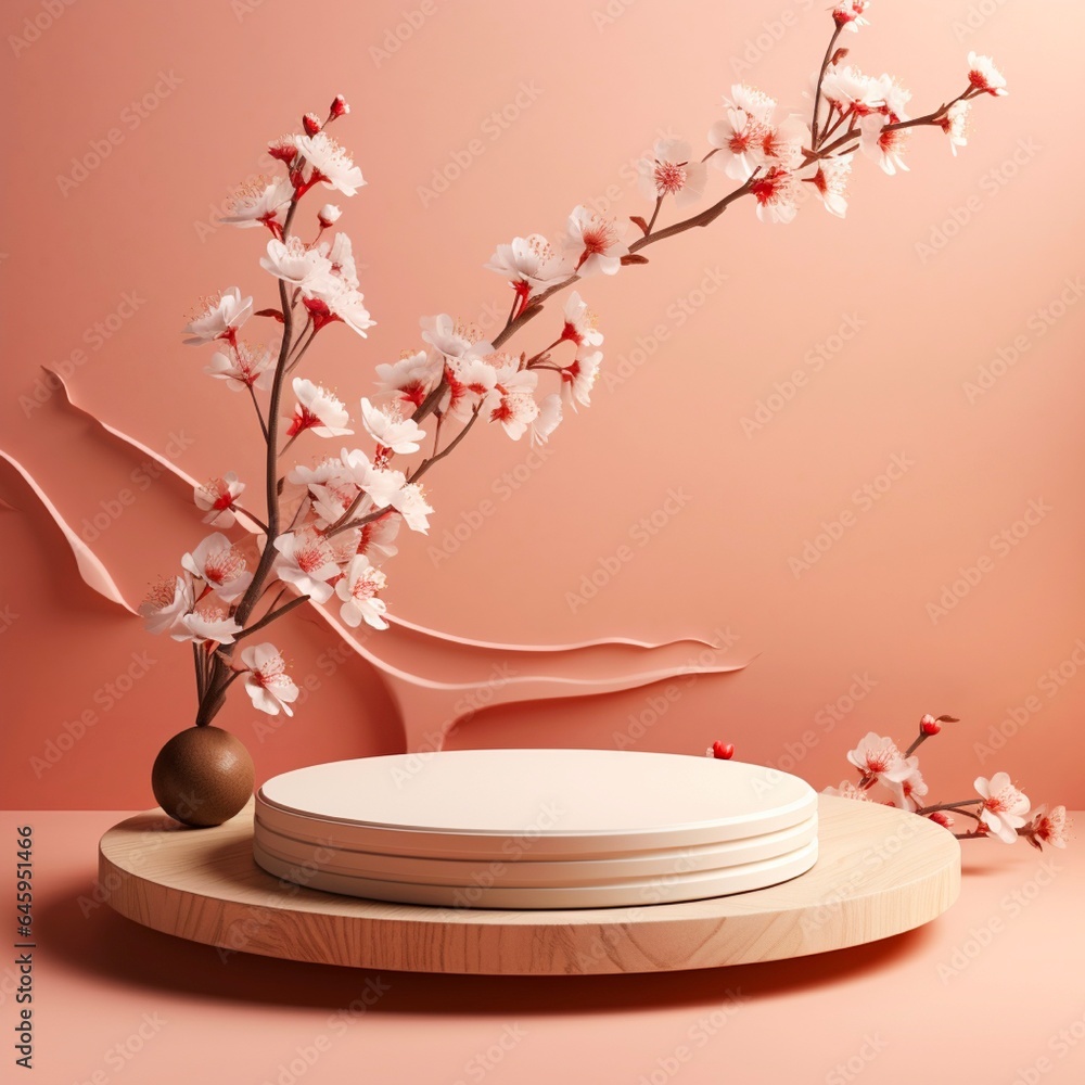 Geometric empty podium wooden platform stand for product presentation and spring flowering tree branch with white flowers on pastel beige background. Made with generative ai