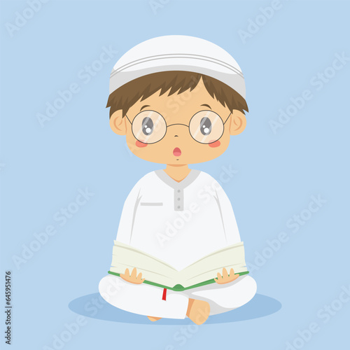 Muslim boy reading Quran character vector. cute Muslim boy in white clothes and wearing glasses, holding and reading Quran.