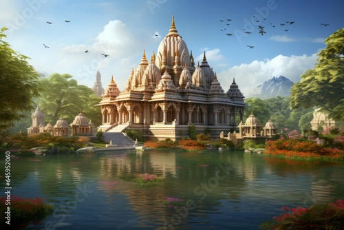Big indian temple near lake. Generate Ai photo