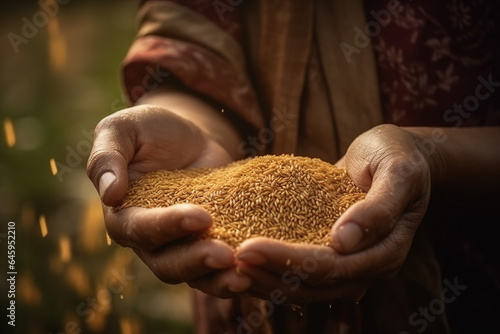 Close-up of female farmer's hands holding a lot of rice grains