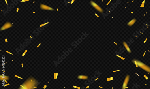 Falling shiny golden confetti and pieces of serpentine isolated on transparent background. Luxury greeting rich card. Festive design with gold tinsels. Holiday, birthday, Grand opening. Vector EPS10.