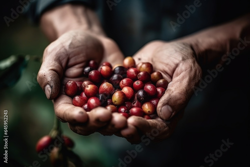 Close-up of agriculturist hands holding ripe coffee bean