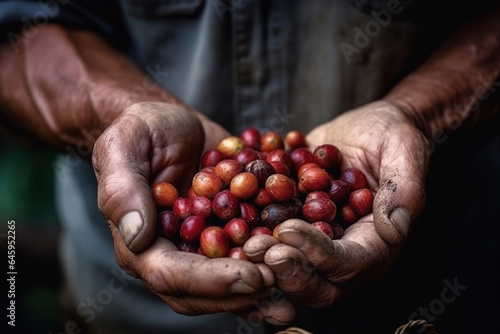 Elderly agriculturist hands holding ripe coffee bean