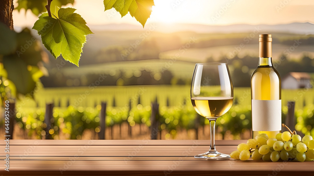 Glass and bottle of white wine with ripe vine grapes on old wooden table against blurred vineyard landscape. Winery agriculture, grape harvest concept.Generative AI