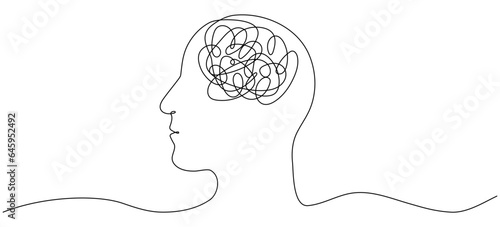 Continuous one line drawing of man head. Male head with confused thoughts. Depressed concept. Bad mental health linear symbol. Vector illustration isolated on white.