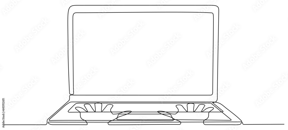 Continuous line drawing hands with laptop. Hands typing computer. Vector illustration isolated on white. Continuous line drawing hands with laptop. Hands typing computer. Vector illustration isolated on white.