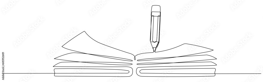 Open book with pencil continuous one line art drawing. Notebook linear drawn. School education concept. Vector illustration isolated on white. Open book with pencil continuous one line art drawing. Notebook linear drawn. School education concept. Vector illustration isolated on white.