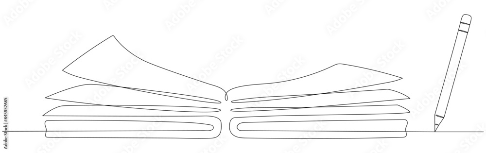 Open book with pencil continuous one line art drawing. Notebook linear drawn. School education concept. Vector illustration isolated on white. Open book with pencil continuous one line art drawing. Notebook linear drawn. School education concept. Vector illustration isolated on white.