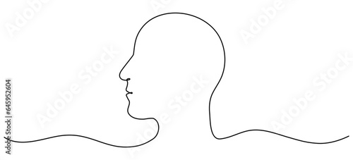 Continuous line drawing man head. Male face linear empty frame. Vector illustration isolated on white.