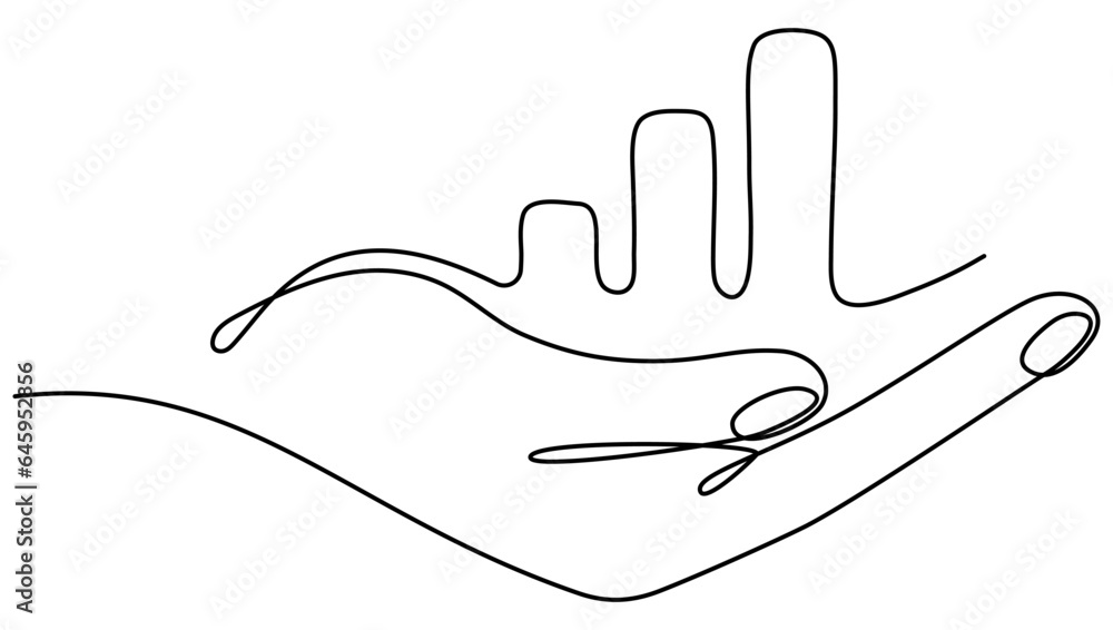 Hand holding growth graph continuous line drawing. Vector illustration isolated on white. Hand holding growth graph continuous line drawing. Vector illustration isolated on white.