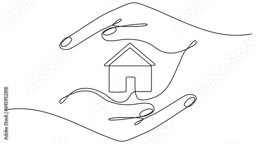 Hands holding house continuous line drawn. Real estate protection concept. Vector illustration isolated on white.