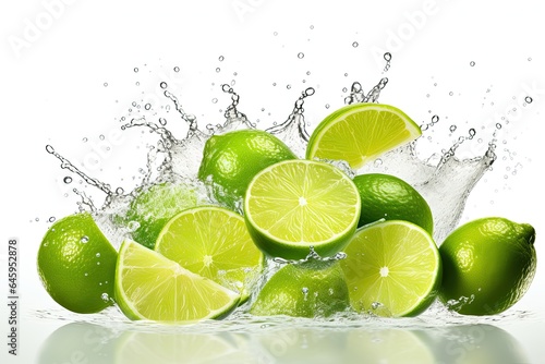 Whole and half of fresh lime fruit with slices falling in air isolated on white