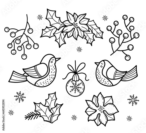 Collection Christmas decor. Pair birds, Christmas ball, branches with berries, poinsettia flowers. Isolated Vector Linear hand drawing. Xmas design for holiday cards, coloring and decorating