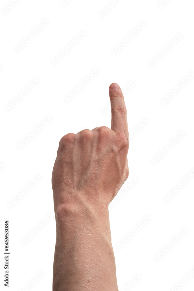 Man hand pointing with left index finger isolated on white Man hand pointing with left index finger isolated on white