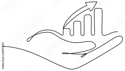 Hand holding arrow with growth graph continuous line drawing. Vector illustration isolated on white.