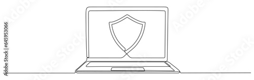 Laptop with shield continuous line drawing. Open computer gadget with protect linear symbol. Vector illustration isolated on white.