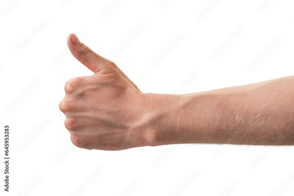 Man hand left hand thumb up isolated on white