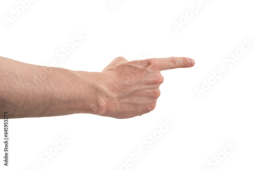 Man hand pointing with right index finger isolated on white