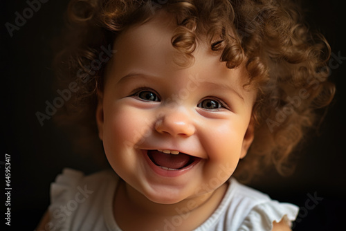 Portrait of a smiling little girl with curly hair on a dark background