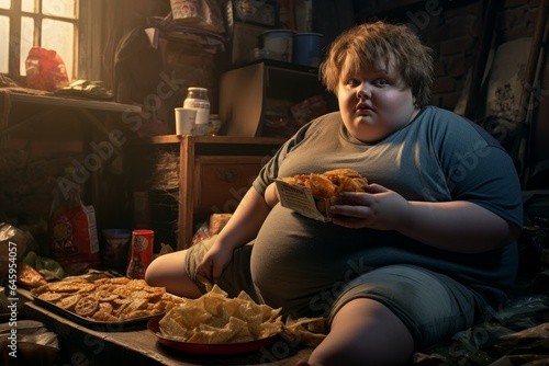 Overweight boy watch tv with fast food. Generate Ai