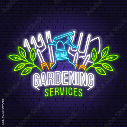 Gardening services neon emblem, label, badge, logo. Vector illustration. Colorful neon light design with flower, hand garden trowel, farming fork, sprayer, hand rake, gardening equipment silhouette
