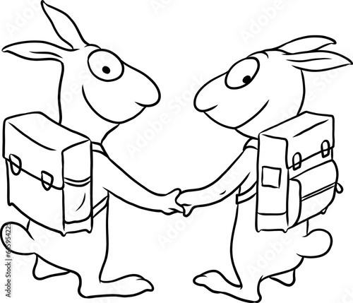 Cartoon Illustration von zwei kleinen befreundeten Hasen als Schulkinder mit Ranzen, die sich an der Hand halten für mehr Mut und Sicherheit auf dem Schulweg
