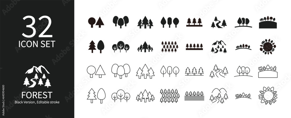 Set of icons of trees and forests of various shapes