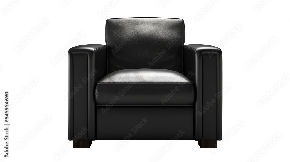 A black leather modern rectangular armchair, on black legs, is isolated on a transparent background, front view. A black leather modern rectangular armchair, on black legs, is isolated on a transparent background, front view.