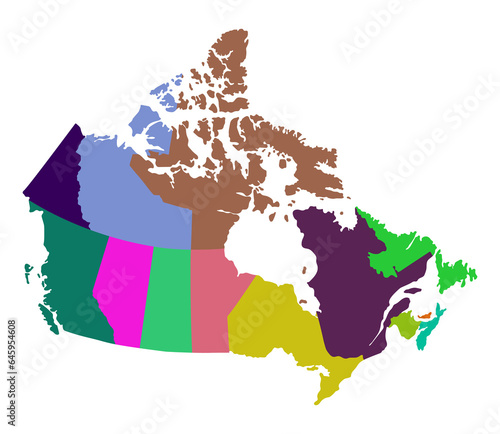 Map of Canada in political regions. Canadian map colorful map.