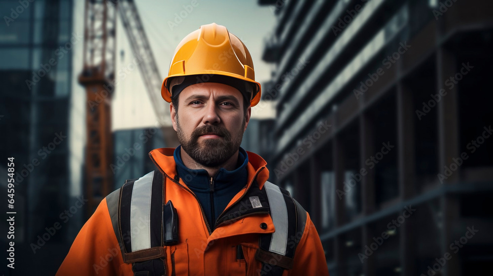 copy space, Construction worker wearing safety helmet in front of a building site. Man wearing protective clothing on a construction site. personal protective equipment. copy space, Construction worker wearing safety helmet in front of a building site. Man wearing protective clothing on a construction site. personal protective equipment.