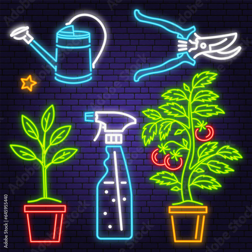 Set of neon garden tools and accessories icon. Vector. Colorful neon light design icon, hand secateurs, garden pruner, watering can, sprayer, potted tomato seedlings, leaf.
