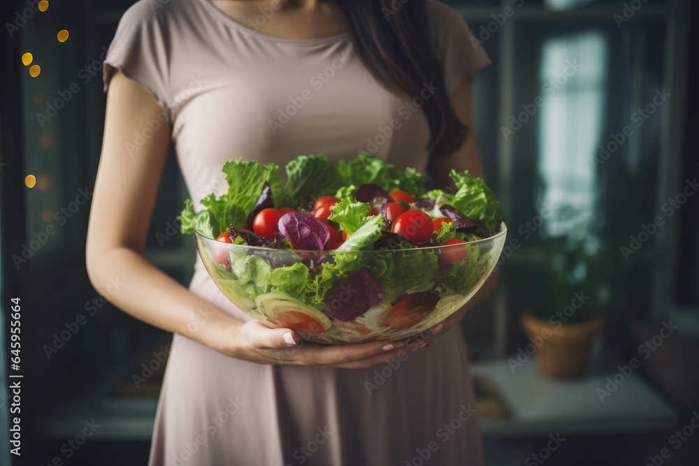 Pregnant woman bowl salad energy. Generate Ai Pregnant woman bowl salad energy. Generate Ai