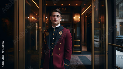 Elegant Welcome: Doorman in Maroon Uniform at Luxury Hotel Entrance