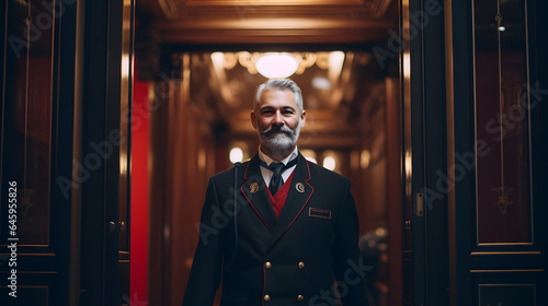 The Pinnacle of Service: Doorman in Black Uniform at Exclusive Hotel Entrance