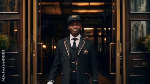 The Pinnacle of Service: Doorman in Black Uniform at Exclusive Hotel Entrance photo
