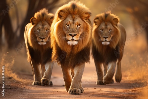 Lions in pride walking in Africa, natural lighting