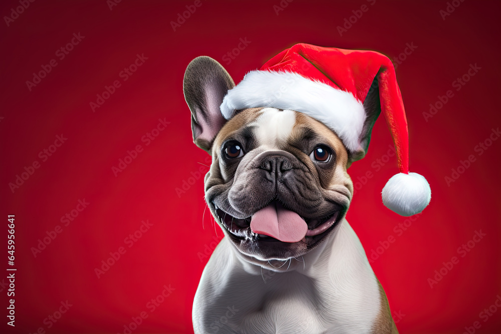 Cute  dog wearing red Christmas hat