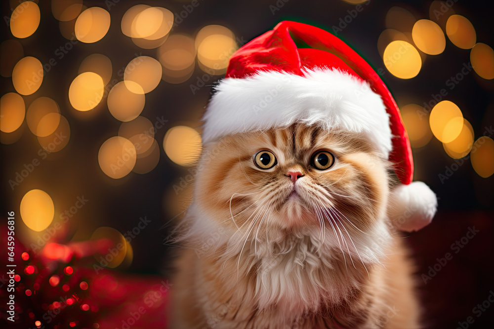 Cute cat wearing red Christmas hat Cute cat wearing red Christmas hat