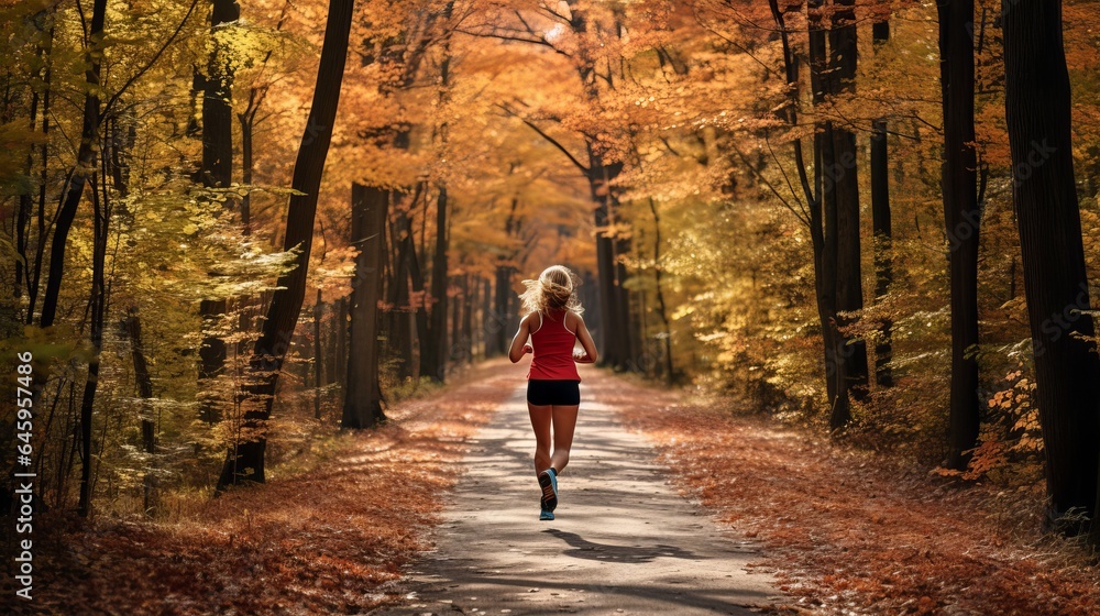 Forest run path in the autumn. An autumn trail runner woman is seen running against a background of lush foliage in the woods. Asian sportswoman exercising outdoors, happy. Forest run path in the autumn. An autumn trail runner woman is seen running against a background of lush foliage in the woods. Asian sportswoman exercising outdoors, happy.